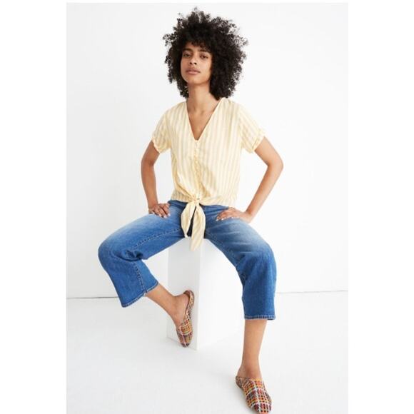 Madewell Agency Tie-Front Button Top in Pompano Stripe, XS - Picture 2 of 9